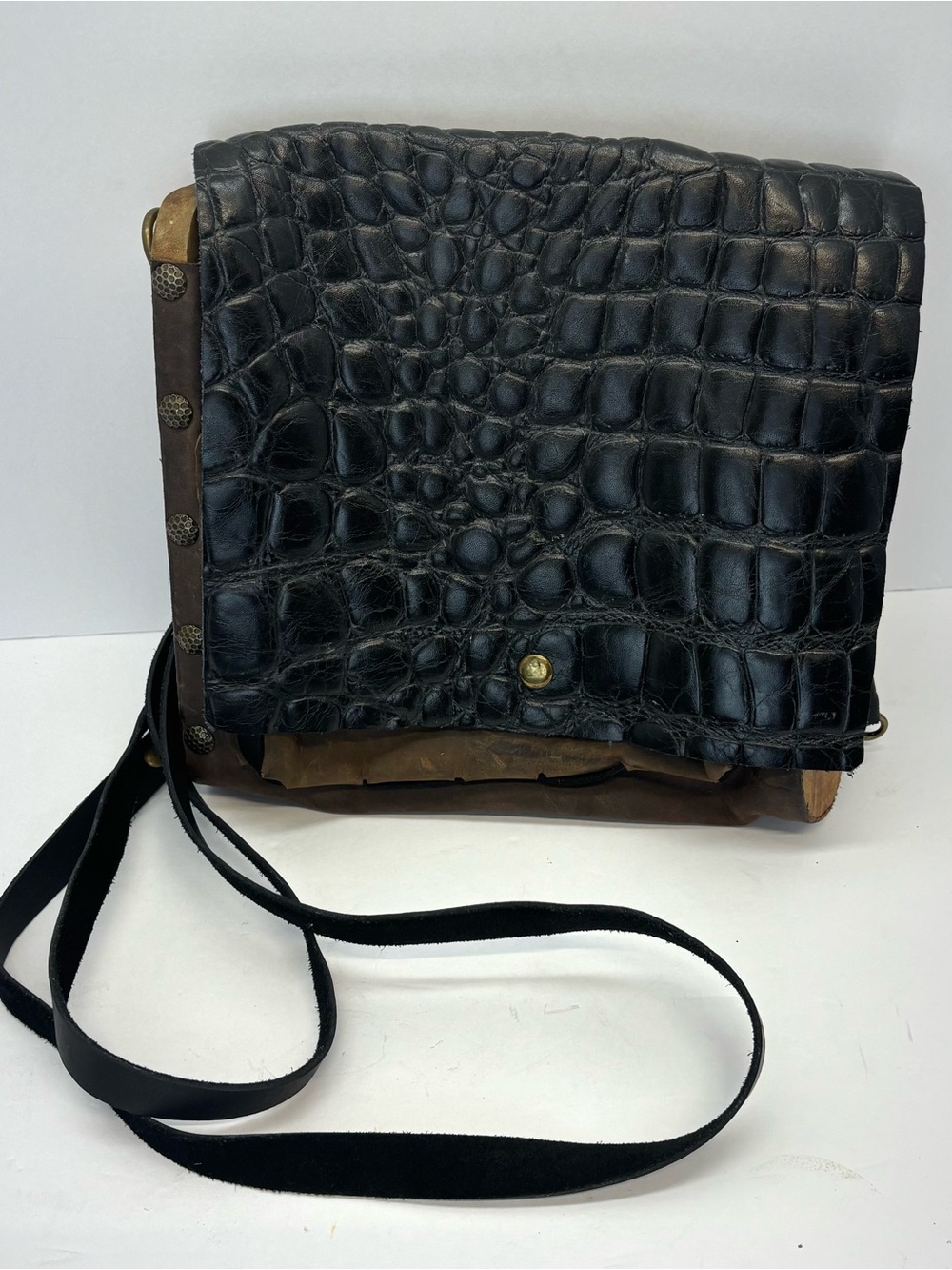 Black Croc-Embossed Leather Crossbody Bag